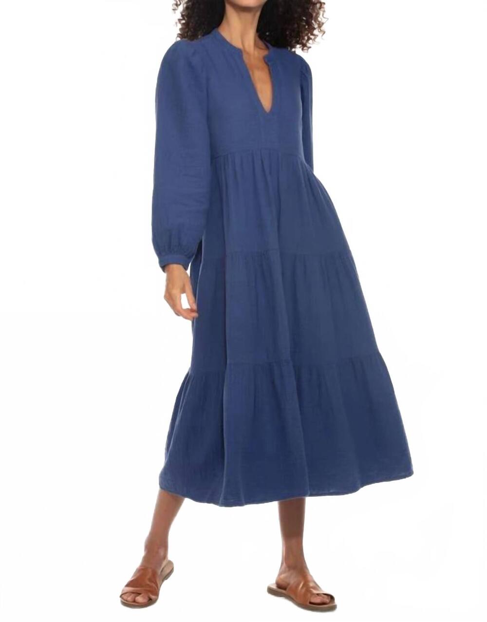 NEW HELLO NITE cotton gauze tiered midi dress in space blue
